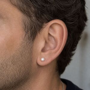 Men’s Small Freshwater Pearl Stud Earrings Silver Tone